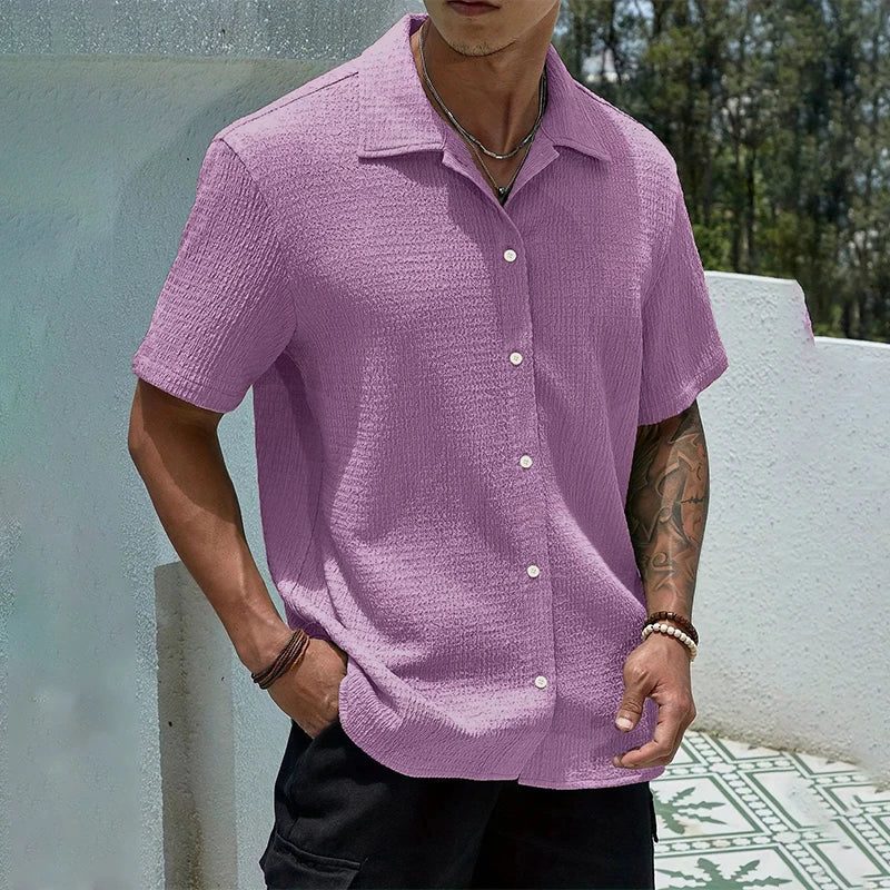 Textured Cuban Collar Short Sleeve Shirt for Men