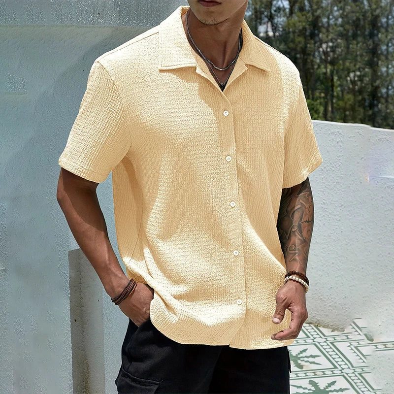 Textured Cuban Collar Short Sleeve Shirt for Men
