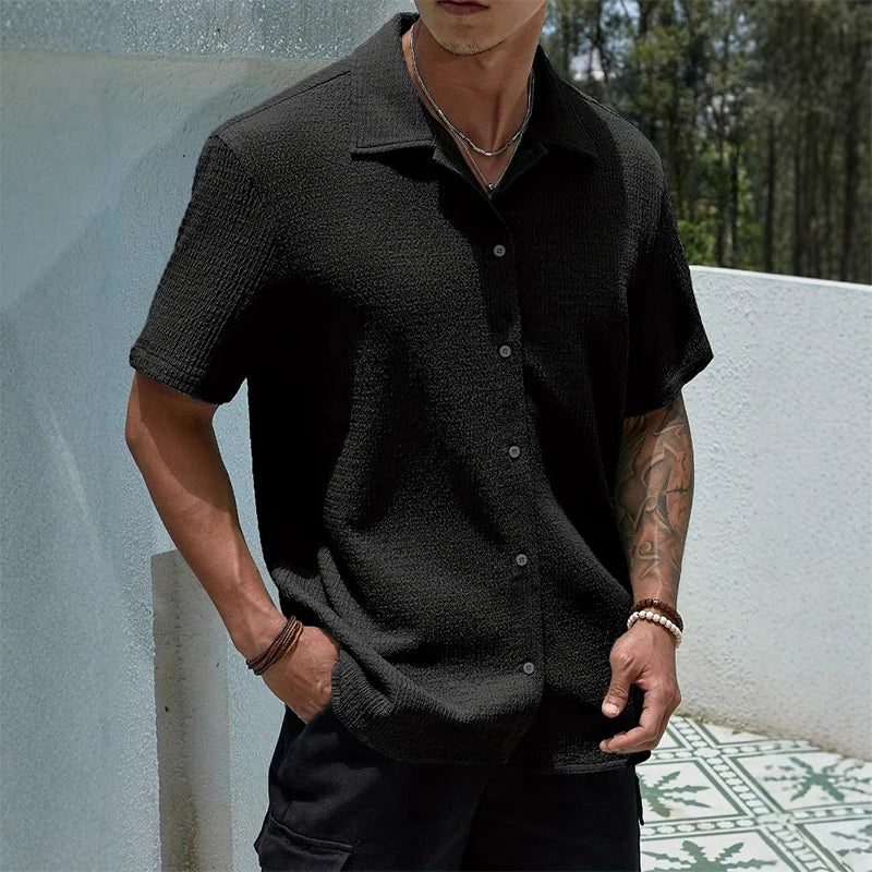 Textured Cuban Collar Short Sleeve Shirt for Men
