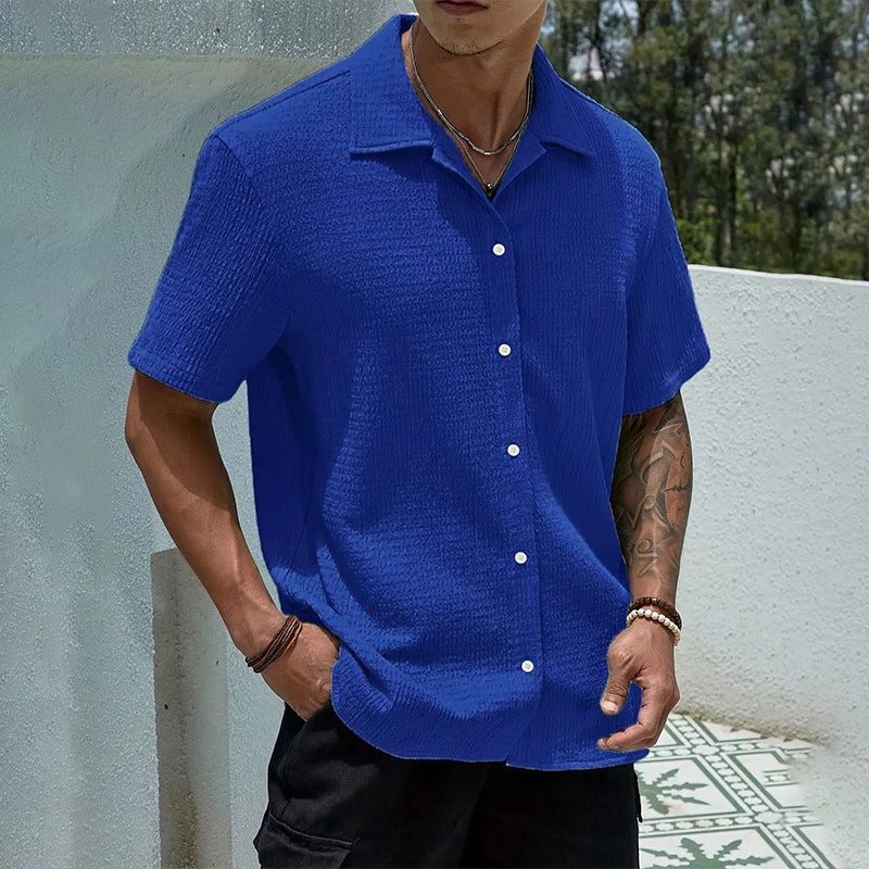 Textured Cuban Collar Short Sleeve Shirt for Men