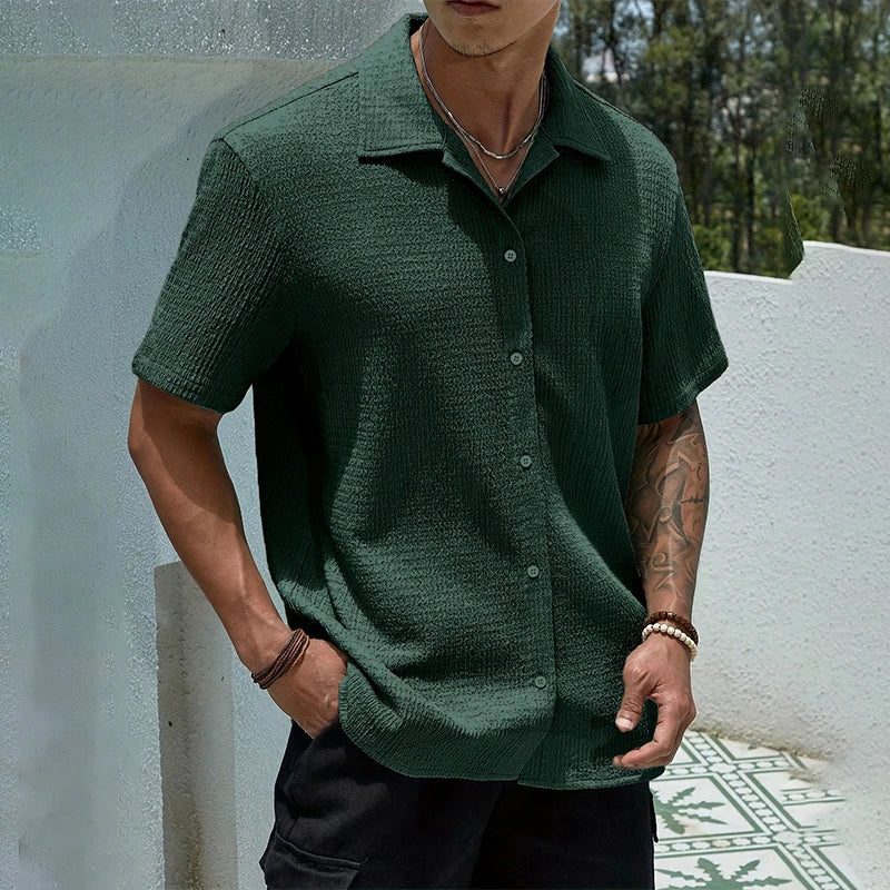 Textured Cuban Collar Short Sleeve Shirt for Men