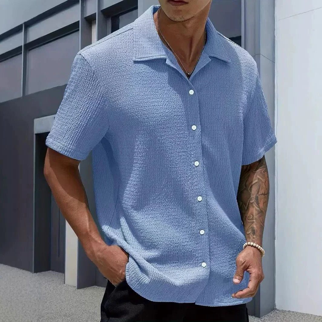 Textured Cuban Collar Short Sleeve Shirt for Men