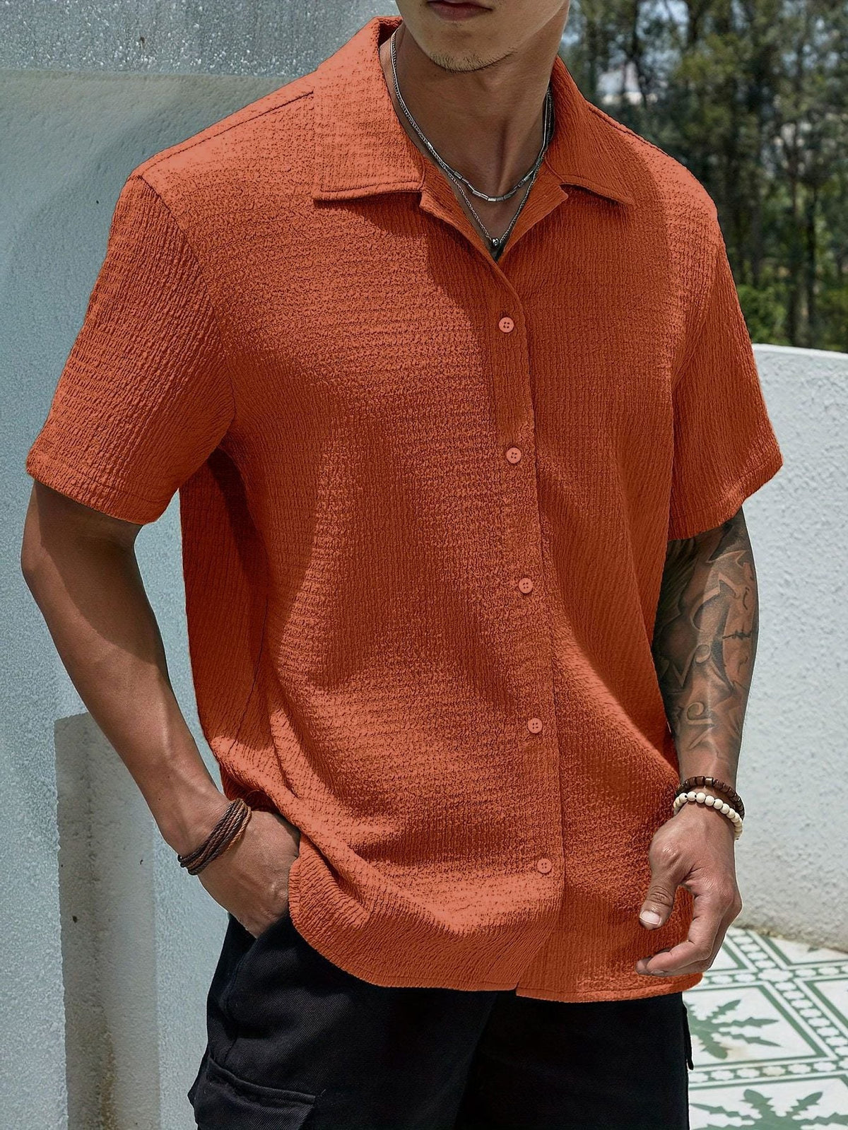 Textured Cuban Collar Short Sleeve Shirt for Men