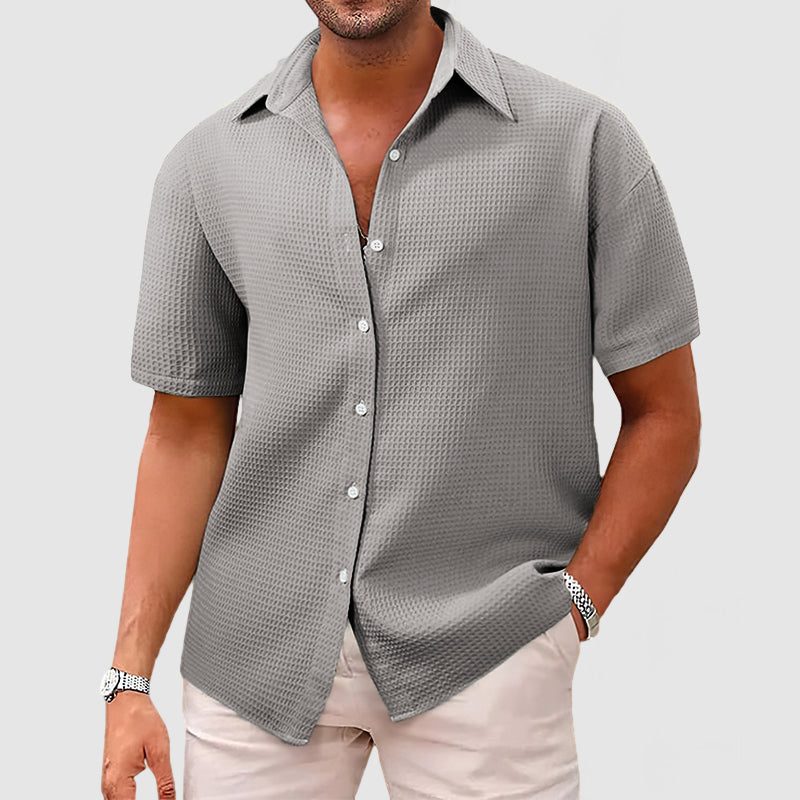 Textured Short Sleeve Button-Down Shirt for Men