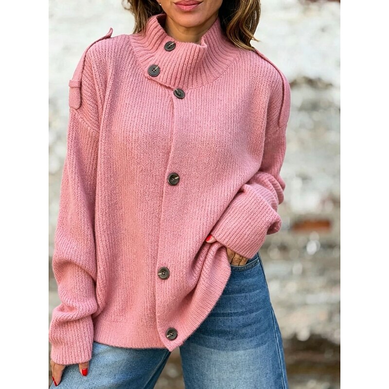 Diane | Button-Front Stand Collar Ribbed Knit Cardigan