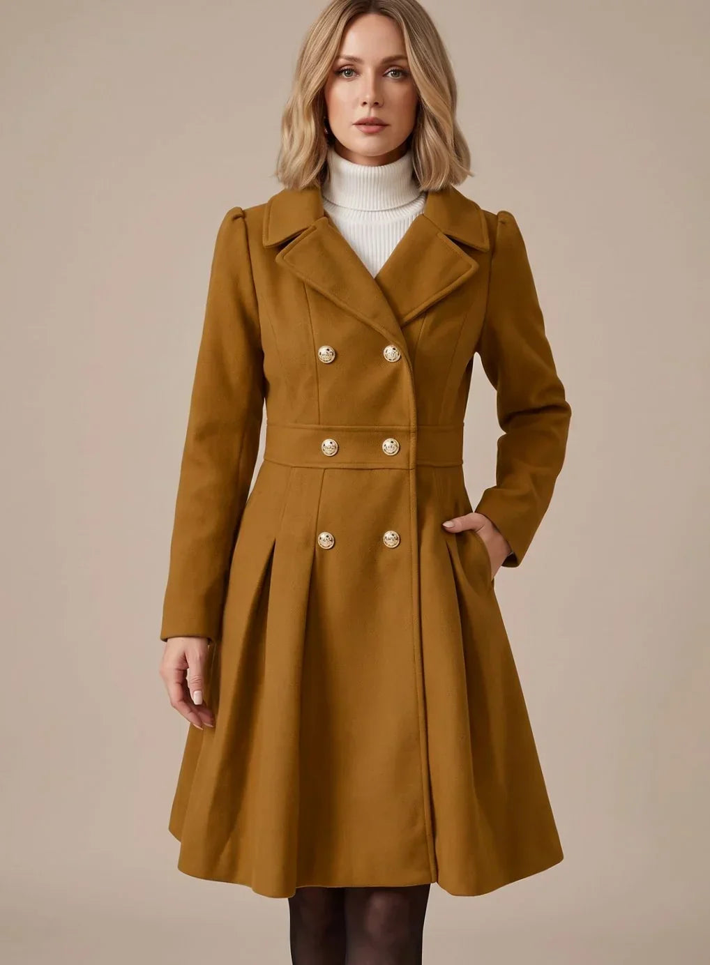 Theodora - Women's Double-Breasted A-Line Coat with Notch Lapels