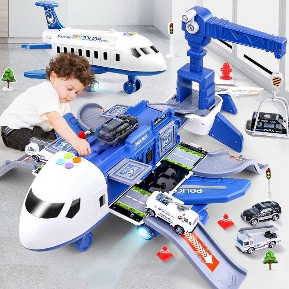 Toy Airplane Playset with Fold-Out Tracks Working Crane and Mini Vehicles