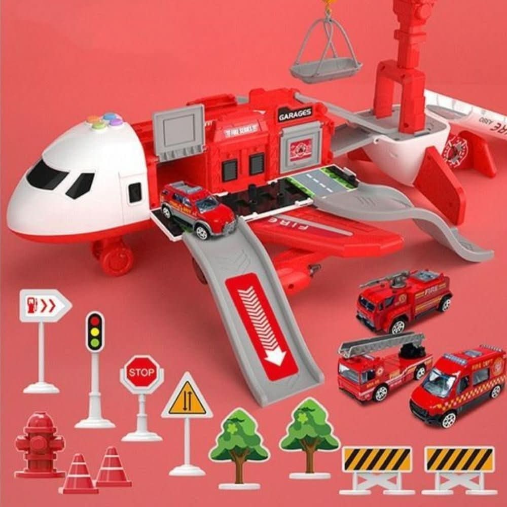 Toy Airplane Playset with Fold-Out Tracks Working Crane and Mini Vehicles