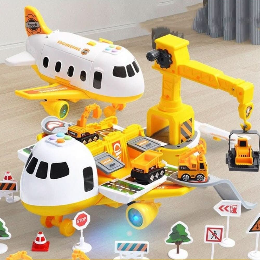 Toy Airplane Playset with Fold-Out Tracks Working Crane and Mini Vehicles