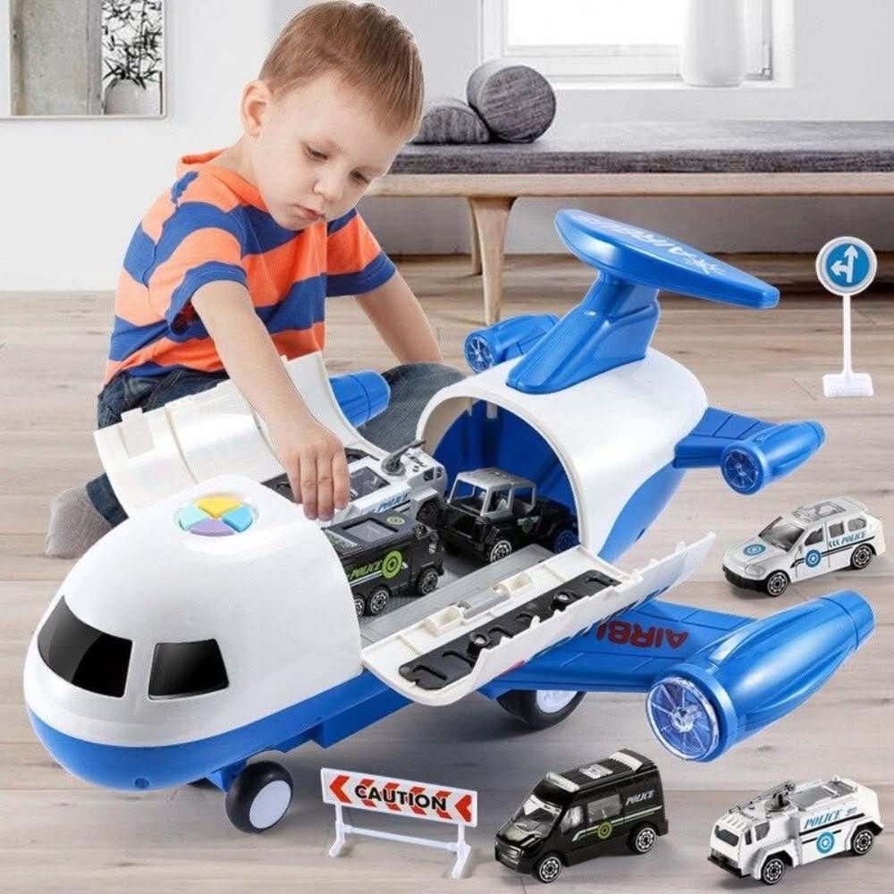 Toy Airplane Playset with Fold-Out Tracks Working Crane and Mini Vehicles