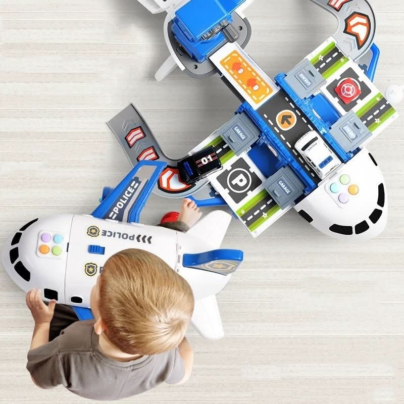Toy Airplane Playset with Fold-Out Tracks Working Crane and Mini Vehicles