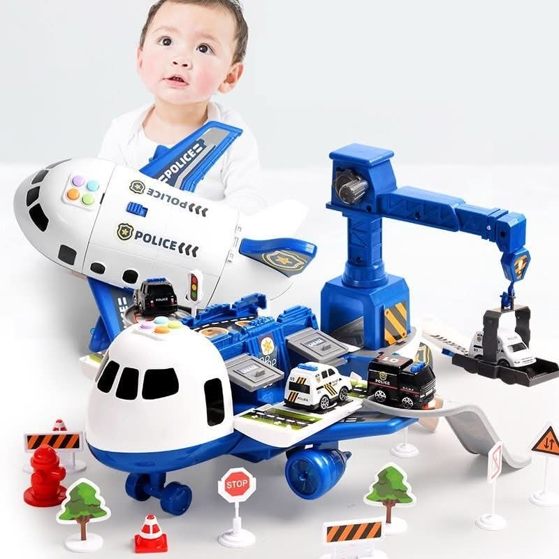 Toy Airplane Playset with Fold-Out Tracks Working Crane and Mini Vehicles