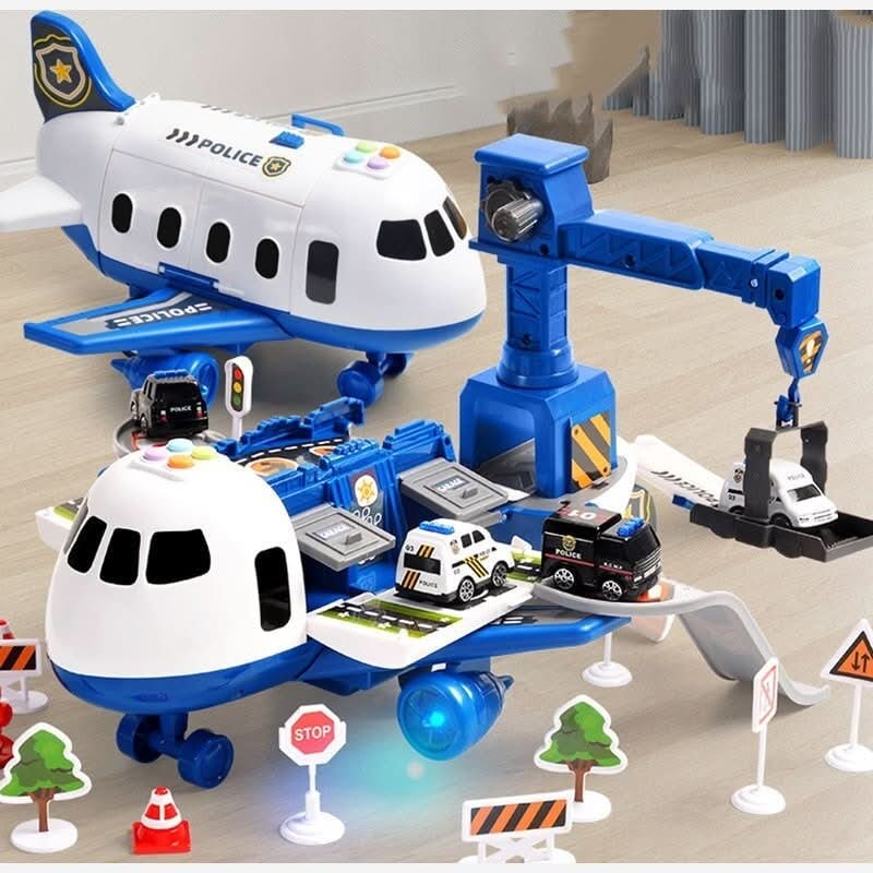 Toy Airplane Playset with Fold-Out Tracks Working Crane and Mini Vehicles