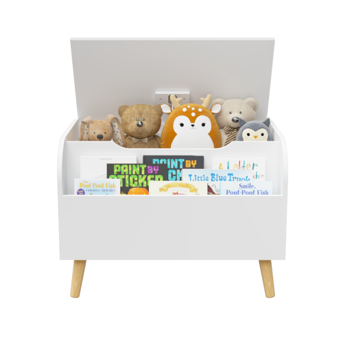 Toy Box Storage Organizer Chest with Front Book Display Shelf and Wooden Legs Bins