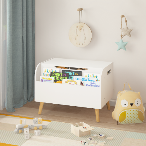 Toy Box Storage Organizer Chest with Front Book Display Shelf and Wooden Legs Bins