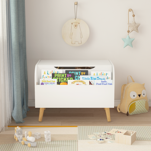 Toy Box Storage Organizer Chest with Front Book Display Shelf and Wooden Legs Bins