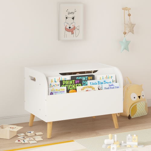 Toy Box Storage Organizer Chest with Front Book Display Shelf and Wooden Legs Bins