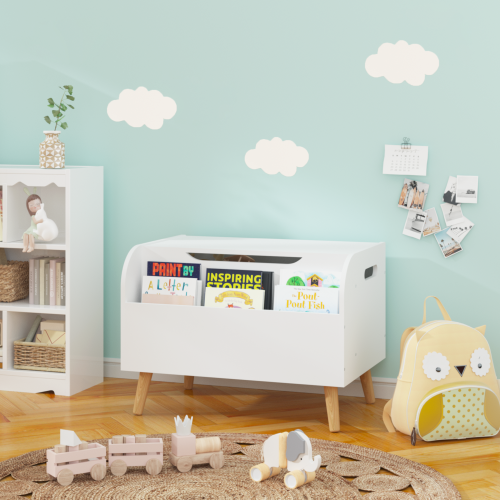 Toy Box Storage Organizer Chest with Front Book Display Shelf and Wooden Legs Bins