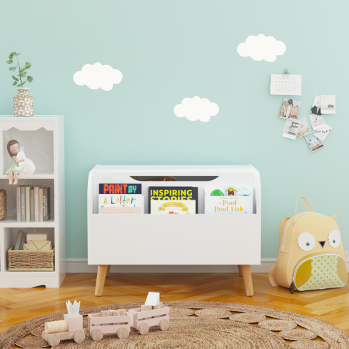 Toy Box Storage Organizer Chest with Front Book Display Shelf and Wooden Legs Bins
