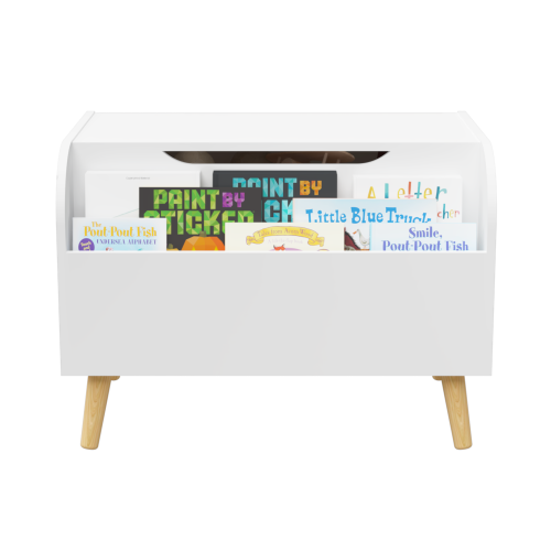 Toy Box Storage Organizer Chest with Front Book Display Shelf and Wooden Legs Bins