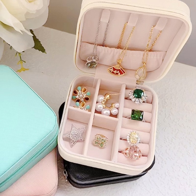 Travel Jewelry Box Organizer Case with Velvet Lining and Padded Ring Rolls Stand Up Armoire