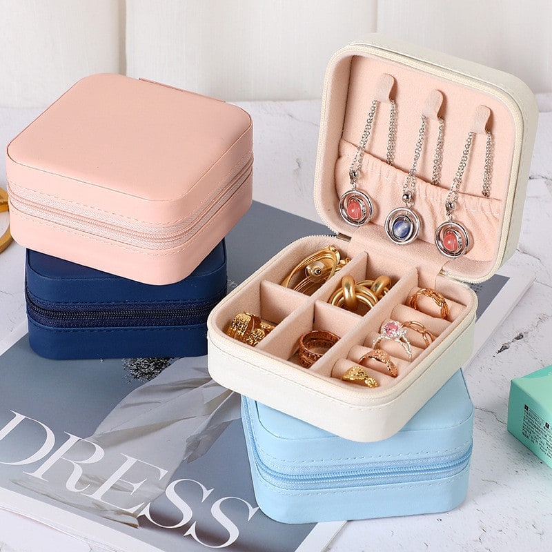 Travel Jewelry Box Organizer Case with Velvet Lining and Padded Ring Rolls Stand Up Armoire