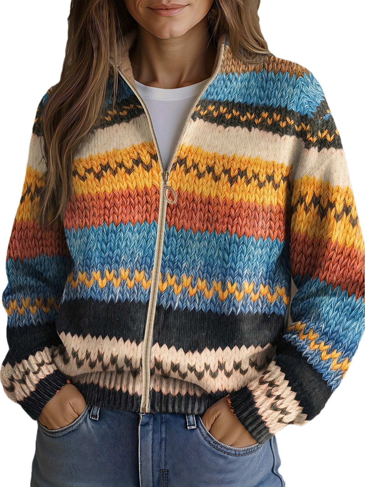 Norah | Striped Zip-Up Knit Cardigan