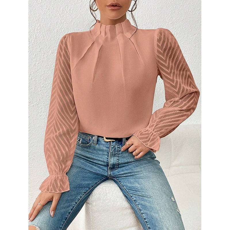 Women's High-Neck Blouse with Textured Sleeves