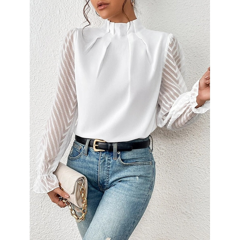 Women's High-Neck Blouse with Textured Sleeves