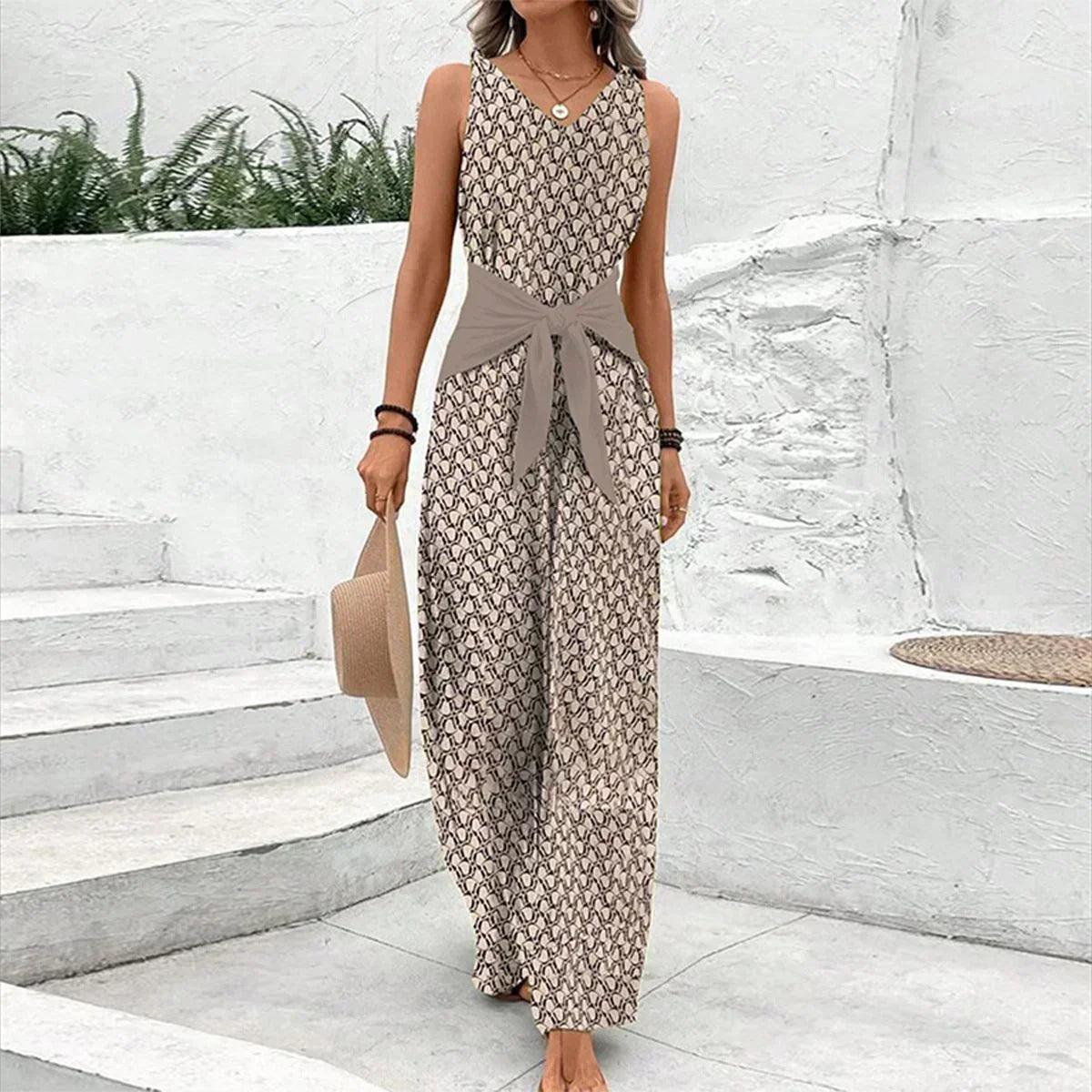 Women's Printed Sleeveless Wide-Leg Jumpsuit with Tie Waist – Elegant V-Neck Summer Style for Casual Wear