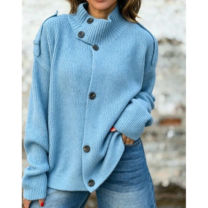 Diane | Button-Front Stand Collar Ribbed Knit Cardigan