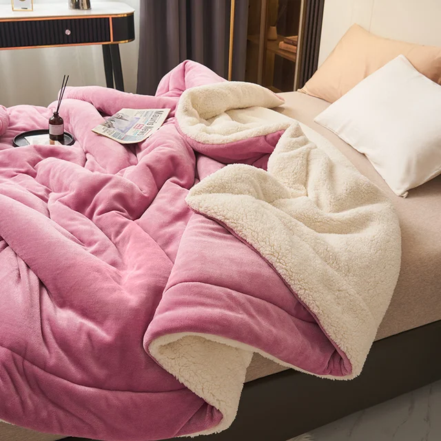 Sherpa Fleece Blanket Reversible Flannel Throw with Quilted Channel Stitching