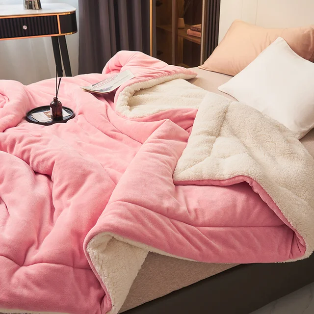 Sherpa Fleece Blanket Reversible Flannel Throw with Quilted Channel Stitching