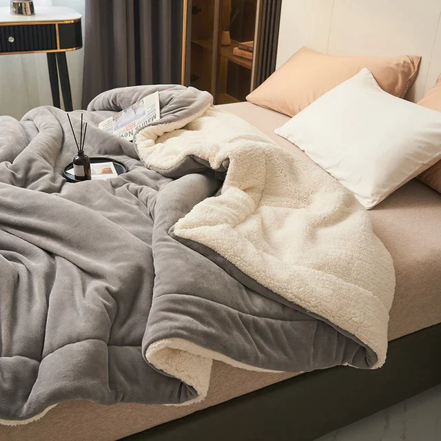 Sherpa Fleece Blanket Reversible Flannel Throw with Quilted Channel Stitching