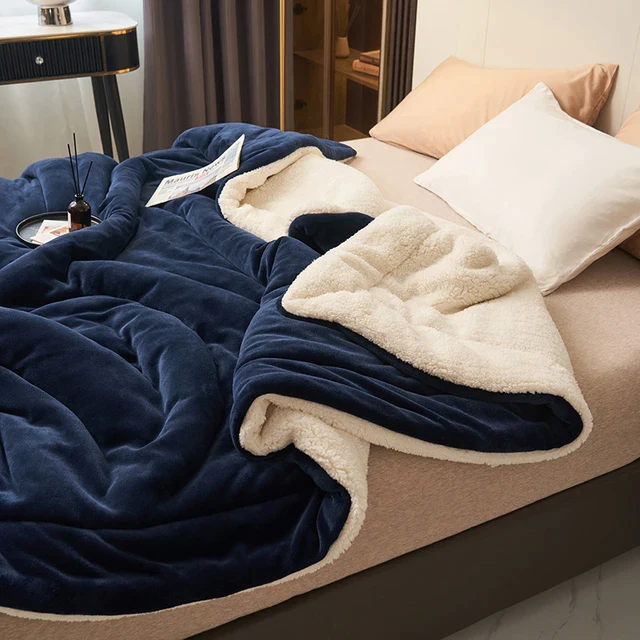 Sherpa Fleece Blanket Reversible Flannel Throw with Quilted Channel Stitching