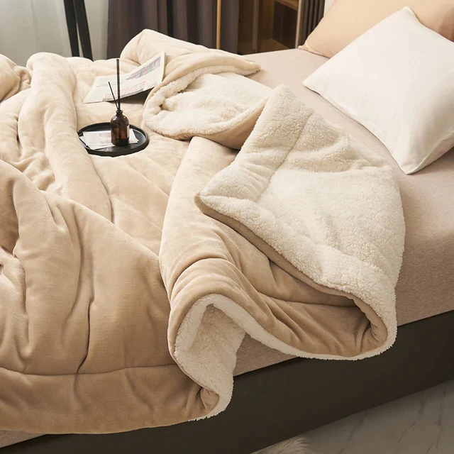 Sherpa Fleece Blanket Reversible Flannel Throw with Quilted Channel Stitching