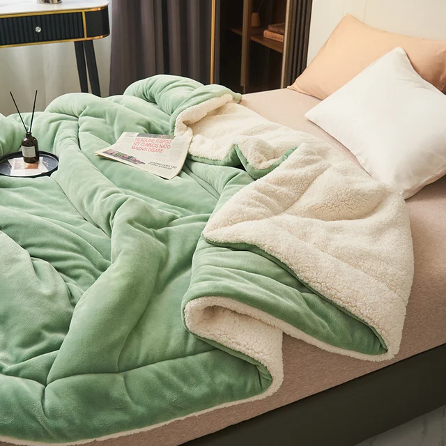 Sherpa Fleece Blanket Reversible Flannel Throw with Quilted Channel Stitching