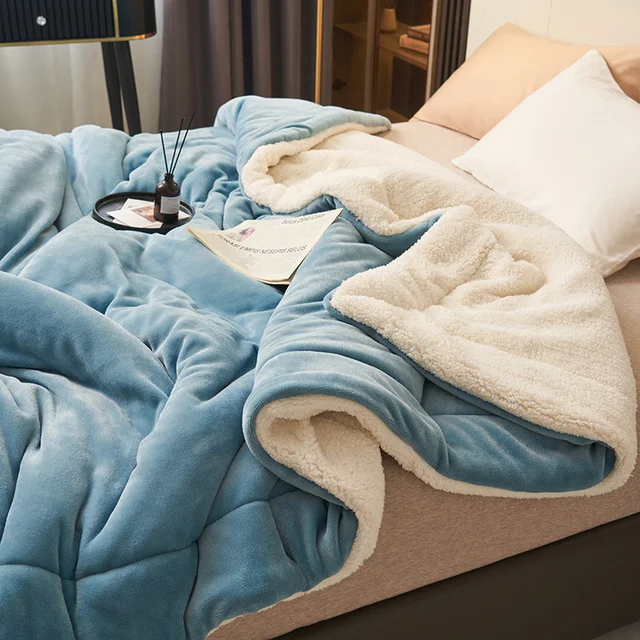 Sherpa Fleece Blanket Reversible Flannel Throw with Quilted Channel Stitching