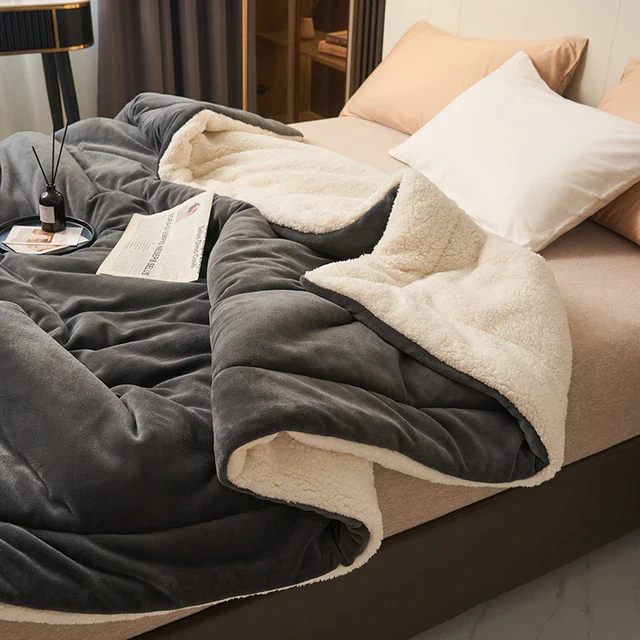 Sherpa Fleece Blanket Reversible Flannel Throw with Quilted Channel Stitching