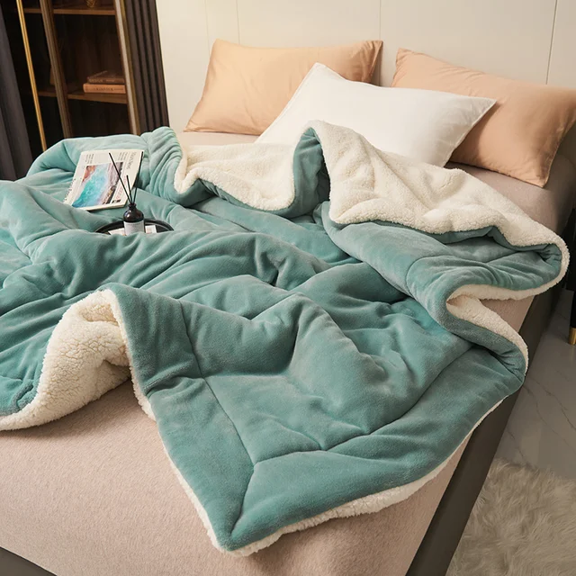 Sherpa Fleece Blanket Reversible Flannel Throw with Quilted Channel Stitching