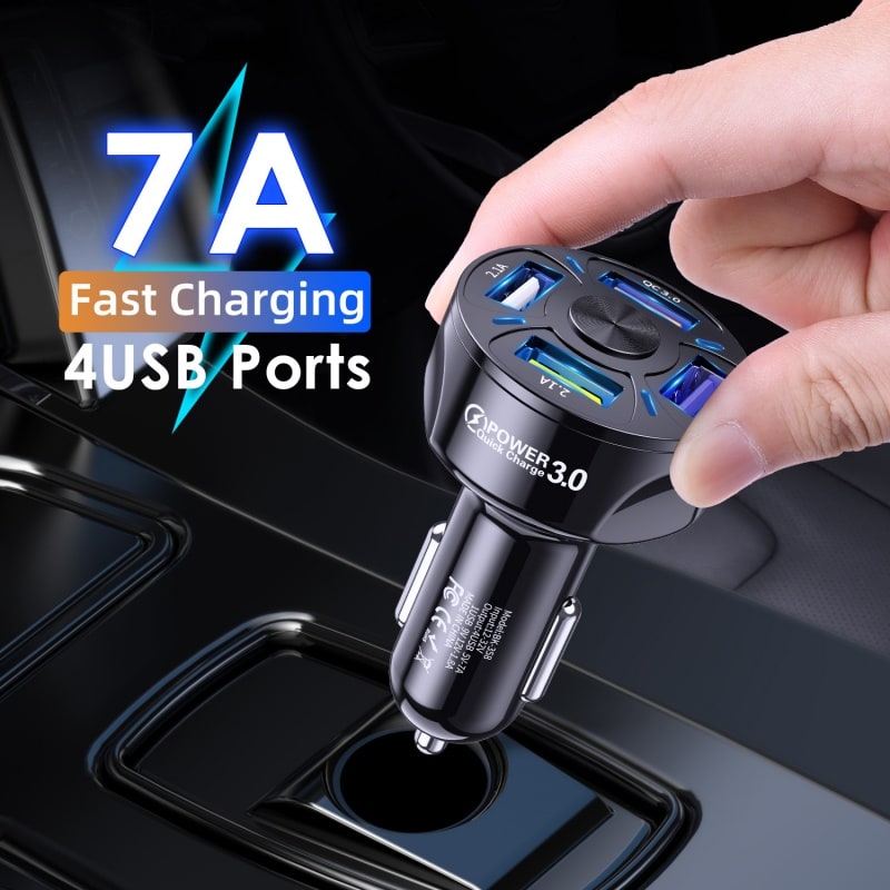 USB Car Phone Charger with Four Ports Qc 3.0 Fast Charge and Dashboard Mat Usbc