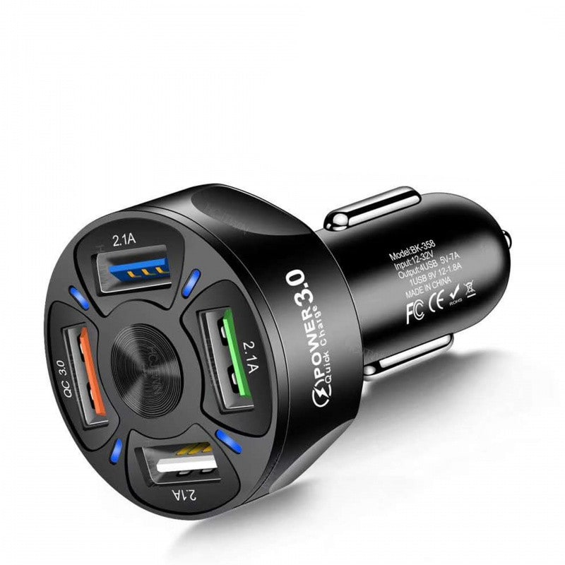 USB Car Phone Charger with Four Ports Qc 3.0 Fast Charge and Dashboard Mat Usbc