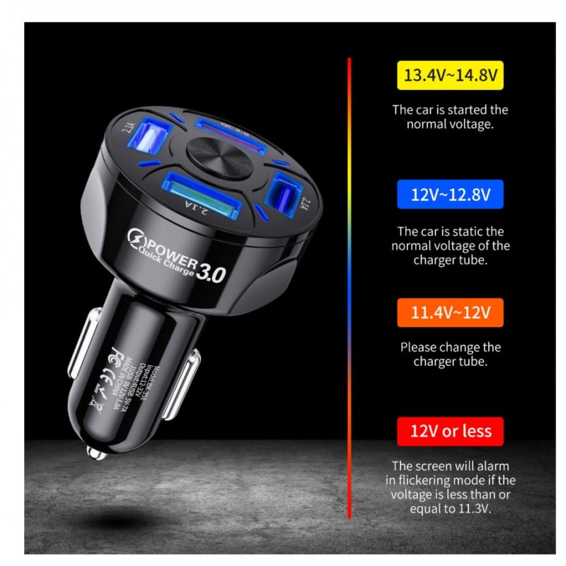 USB Car Phone Charger with Four Ports Qc 3.0 Fast Charge and Dashboard Mat Usbc