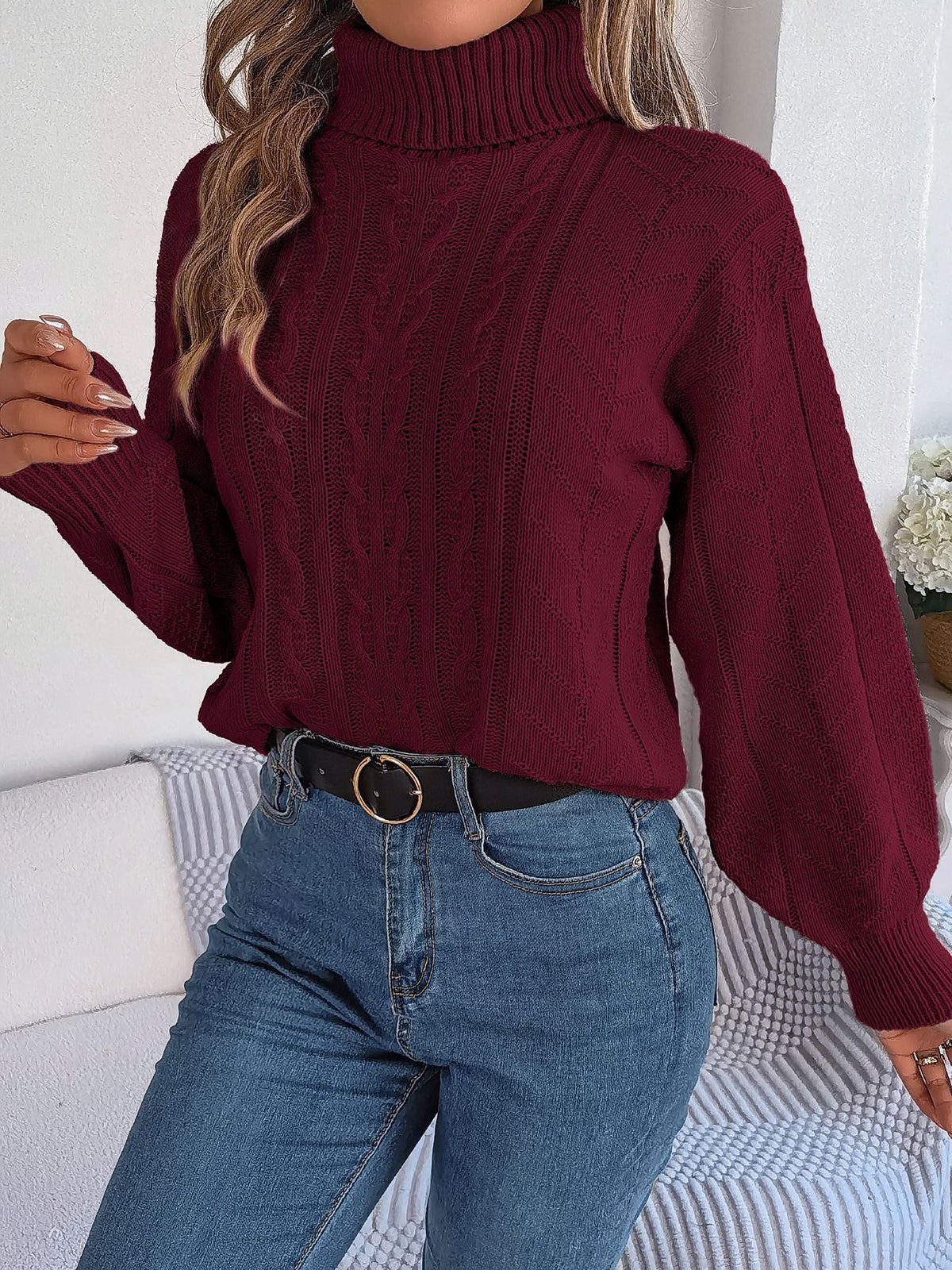 Hollis-Sage Chunky Cable Turtleneck