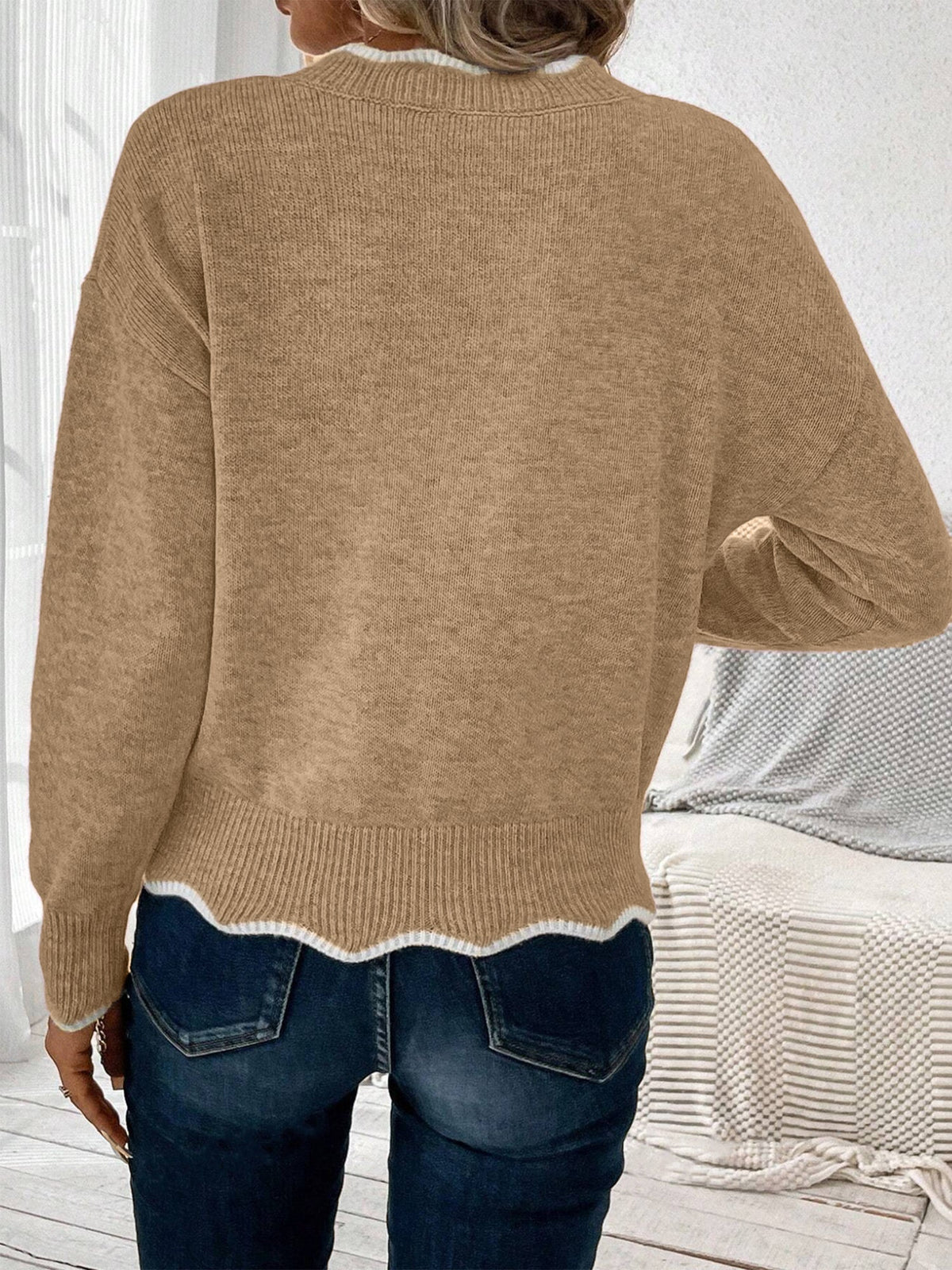 Mina-Eve Scallop Trim V-Neck Sweater