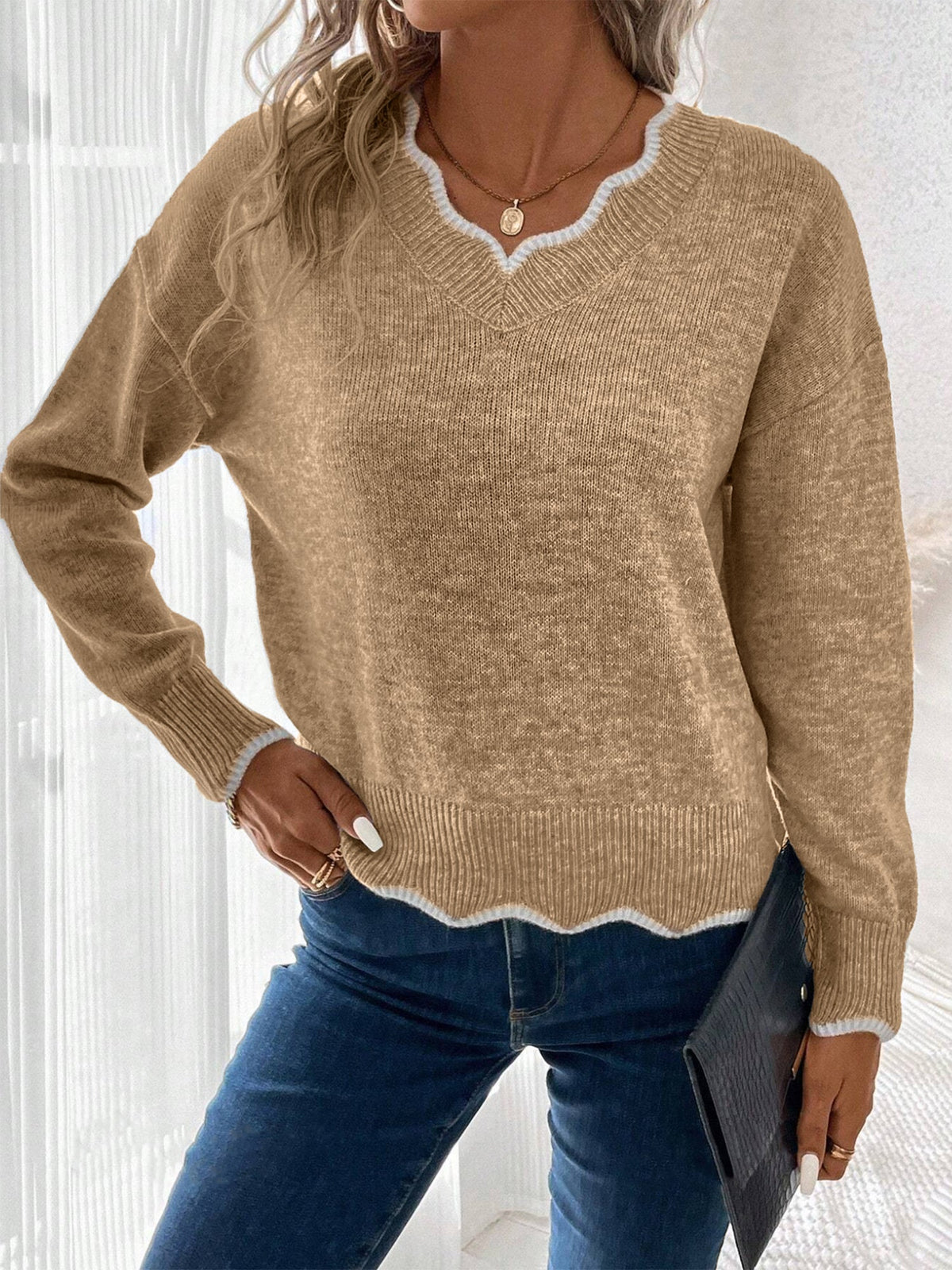 Mina-Eve Scallop Trim V-Neck Sweater