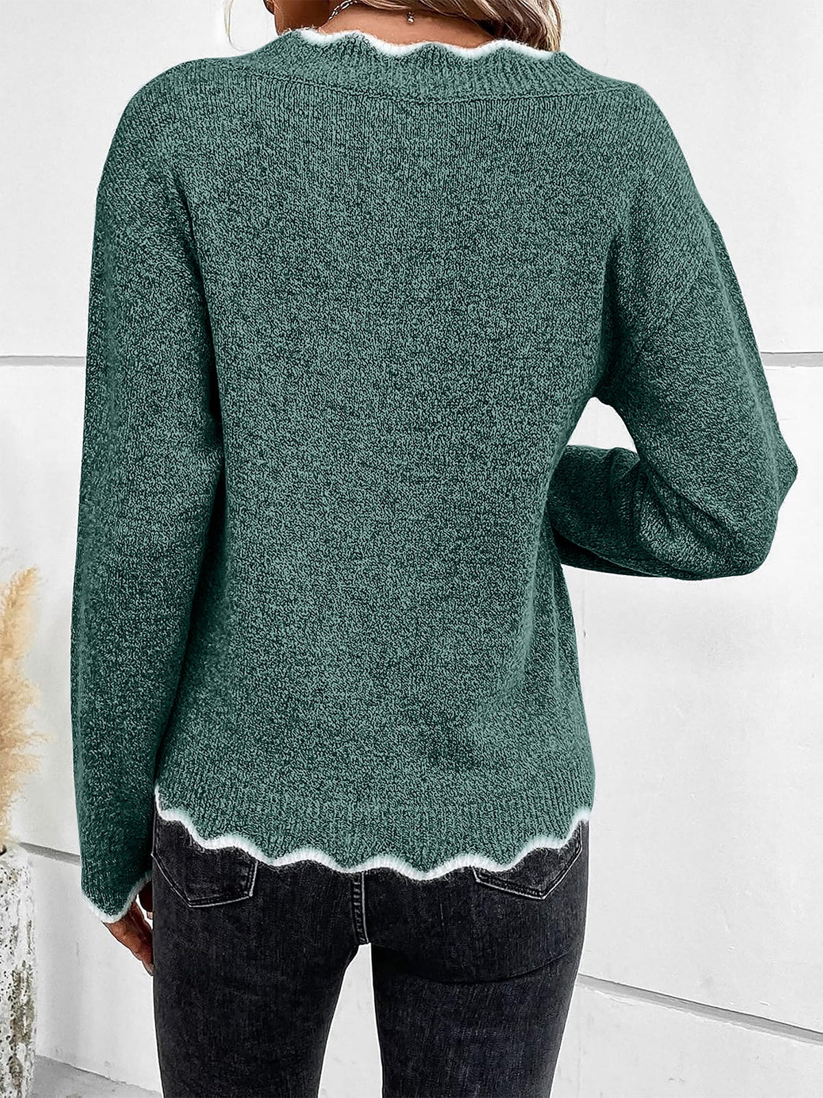 Mina-Eve Scallop Trim V-Neck Sweater