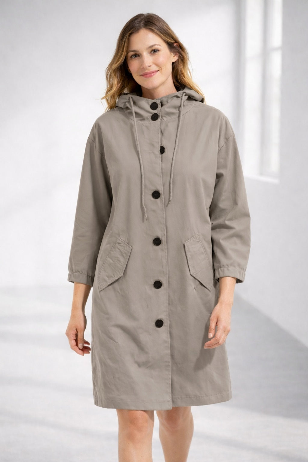 Isla | Women's Hooded Lightweight Jacket Button Up 3/4 Sleeve