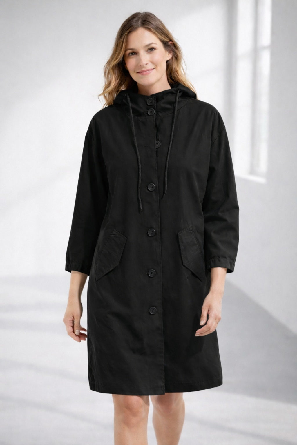 Isla | Women's Hooded Lightweight Jacket Button Up 3/4 Sleeve