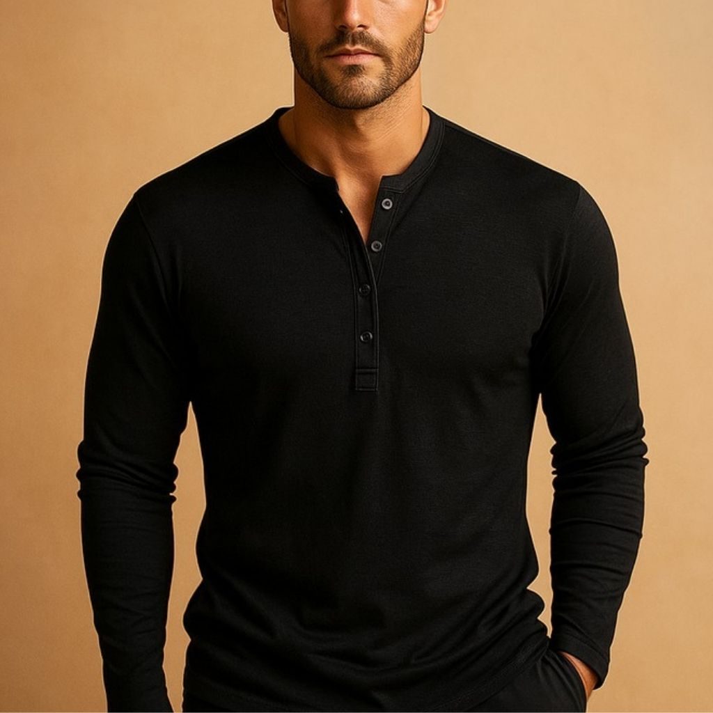 V-Neck Henley Long Sleeve Shirt for Men